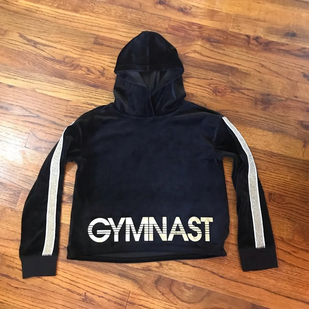 Girls Justice Active Gymnast Hooded Hoodie Blouse Top Black w/ Gold Graphics 10